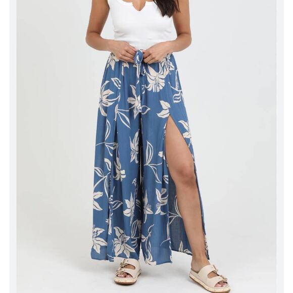 Angie Split Leg Palazzo Pants πΊ Blue Floral Boho Wide Leg | Small | Rayon - Picture 1 of 8